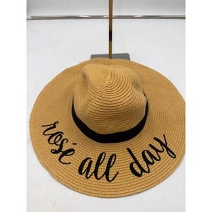 C.C Exclusives Tan Straw Sun Hat Rose All Day Wide Brim Floppy Beach Hat